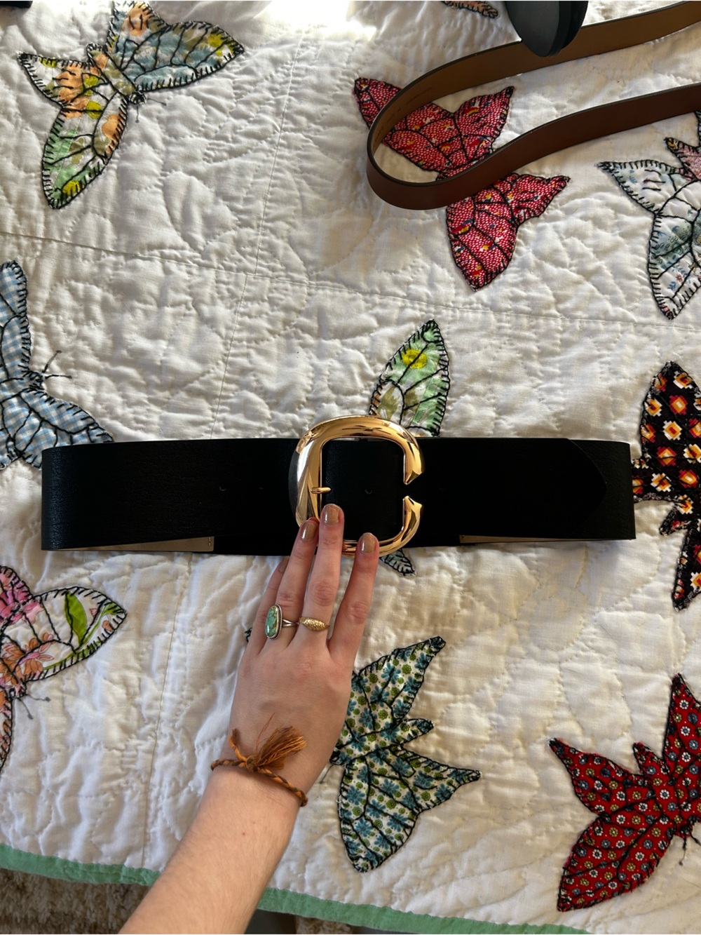 Wide Black Leather Belt with Gold Buckle